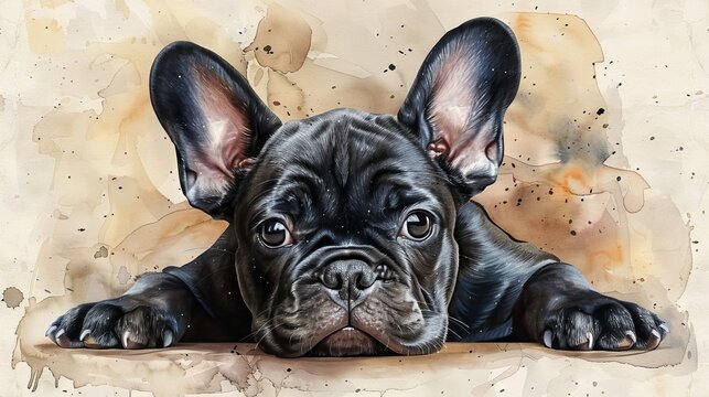 Watercolor illustration of a cute French Bulldog breed of dog
