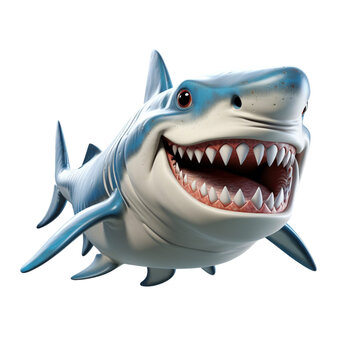 Shark 3d cartoon character isolated on transparent background, generative ai
