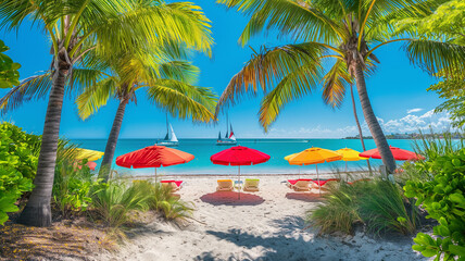 Beach with umbrella, sunbeds and yacht on the sea. - 768222409