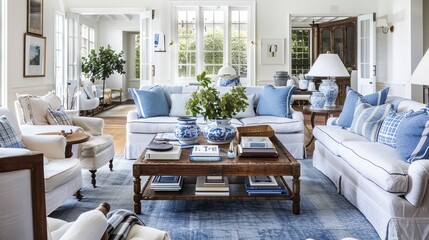 A home beautifully arranged with a palette of whites, blues, and warm wood accents, creating a welcoming atmosphere