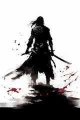 A man in black is holding a sword and standing in front of a red circle.