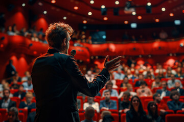 A man stands in front of a large audience, giving a speech