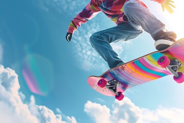 Skateboarder jumping high with colorful skateboard against bright blue sky - obrazy, fototapety, plakaty