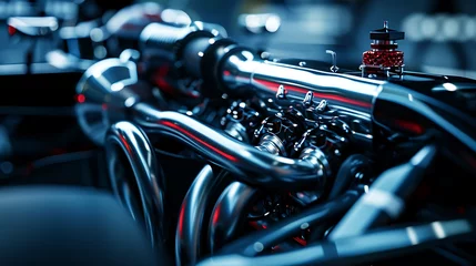 Fotobehang Shiny V8 Engine Block Close-Up on Dark Background, Automotive Power and Technology Displayed © Maksym
