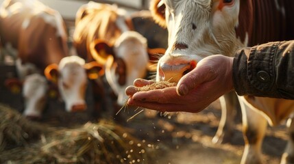 a farmer's hands feeding grain to cows inside a barn, the tactile interaction as a cow's mouth delicately takes the grain from the farmer's hand.