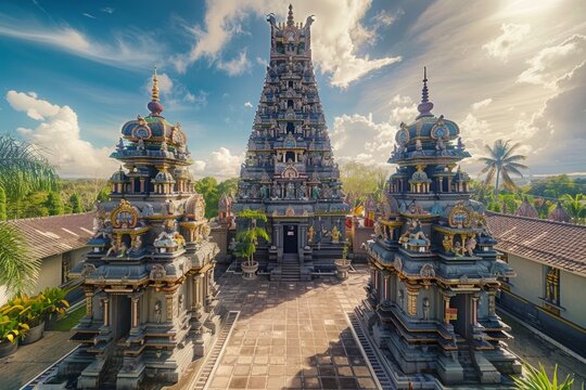Majestic Hindu temple with jungle and mountains in the background