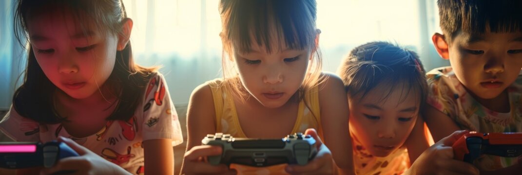 Children play computer games on TV using a game console, a child with a game console in his hands, banner