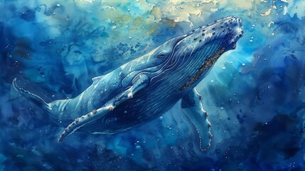 This watercolor illustration depicts a humpback whale under the sea.