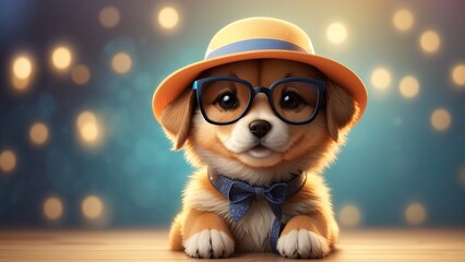 Cat 3D cute simple background, hat and glasses, illustration