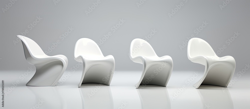 Poster three identical white chairs are neatly arranged in a row on a clean white surface, creating a minim