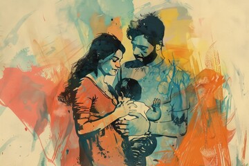 Illustration of happy mom and dad holding baby's hands while playing and having fun with him, happy childhood