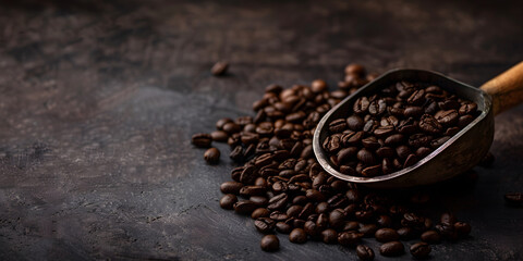Roasted coffee beans in scoop on dark rustic background