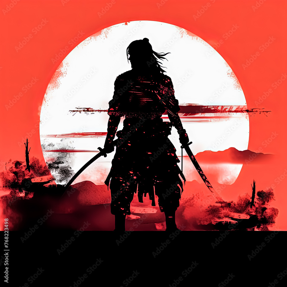 Poster a man in black is holding a sword and standing in front of a red circle.
