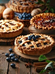Fototapeta na wymiar An inviting selection of freshly baked fruit pies with lattice crusts, featuring blueberry and peach fillings, showcased on rustic wooden rounds.