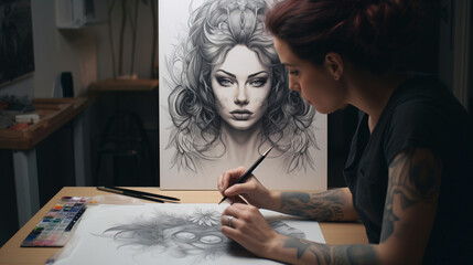 Beautiful young woman artist drawing a portrait on canvas in her studio