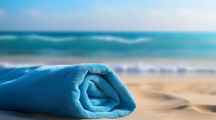Obraz na płótnie Canvas Close up of a blue rolled Towel on Beach Sand. Vacation Background with Copy Space