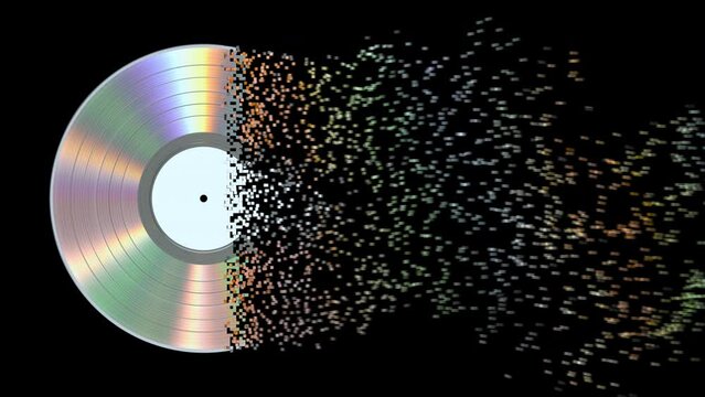 Iridescent silver vinyl disc crumbles into pixels. 3d animation. 4k.