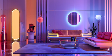 Retro-futuristic product display with sleek chrome accents, neon lights, and mid-century modern furniture