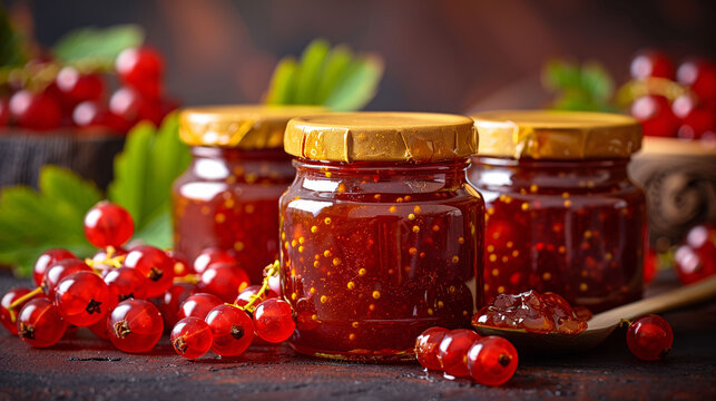 Glass jars of homemade red currant jam with fresh berries and a spoon on a rustic wooden background.
