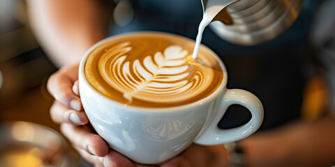 The Art of Coffee: Captivating Moments in Cafe Latte Artistry - obrazy, fototapety, plakaty