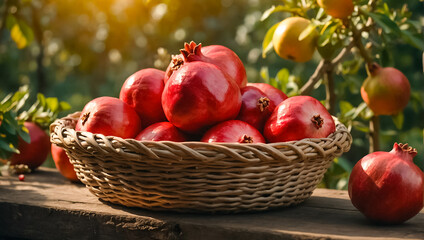 beautiful ripe pomegranate fruit in a basket in the garden delicious