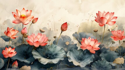 Isolated watercolor illustration of pink lotuses.