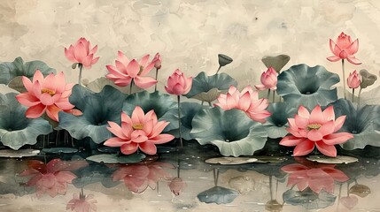 Watercolor botanical illustration with pink lotus border.