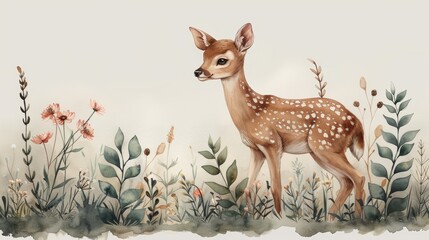 Illustration for nursery with woodland baby deer and green foliage in watercolor