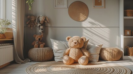 a playroom adorned with plush and wooden toys, set against gray walls and a wooden floor, within a photostudio featuring a simple composition and natural light against a light background.