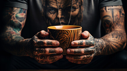 Tattooed man holding a cup of coffee, close up - Powered by Adobe