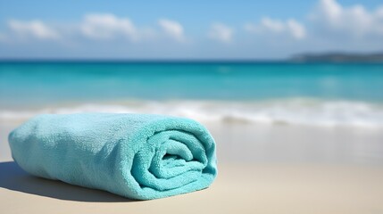 Close up of a cyan rolled Towel on Beach Sand. Vacation Background with Copy Space - obrazy, fototapety, plakaty