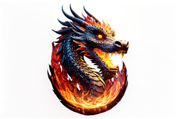 Logotype of fire chinese dragon head with flame fire, colorful image. Symbol and fantasy mascot monster for design ideas. Logotypes design concept. Generative Ai cartoon illustration. Mock-up poster