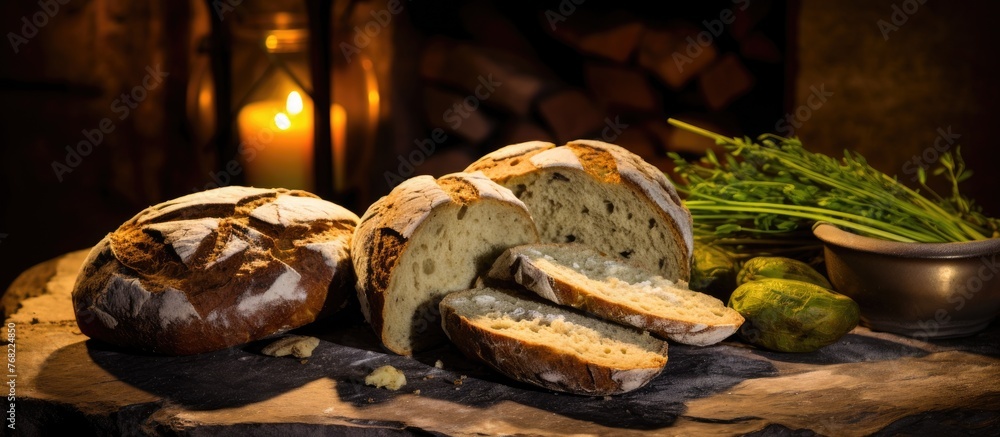 Poster A loaf of bread rests on top of a wooden table, creating a simple yet inviting scene. The texture of the bread contrasts with the smooth surface of the table.