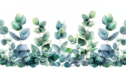 The watercolor hand painted, green floral card with eucalyptus leaves and branches is isolated on a white background and can be used for cards, wedding invitations, posters, save the dates, or