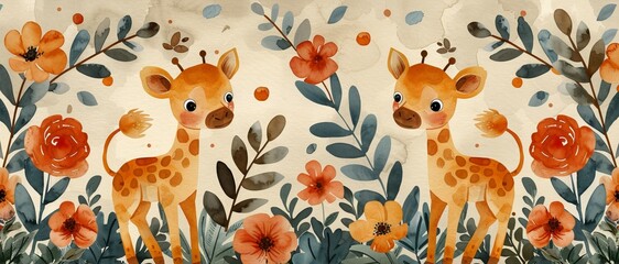 Illustration seamless pattern of safari animals for babies' nursery in watercolor - obrazy, fototapety, plakaty