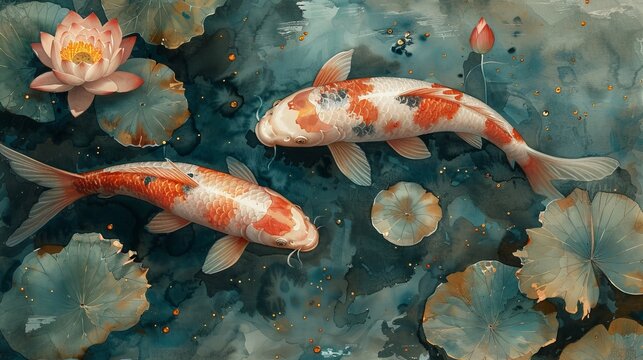 Illustration of a koi carp and lotus flower painted in watercolor.