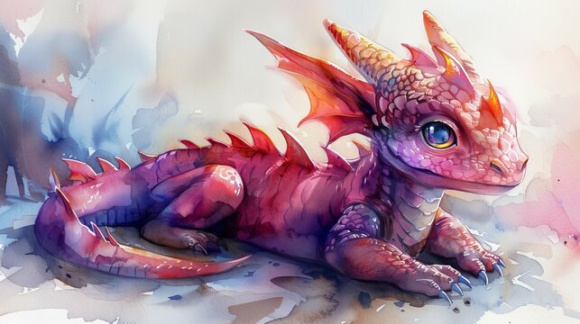 Watercolor illustration of dragon baby animals