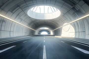 Rendering of 3D architectural tunnel on highway with empty asphalt road.