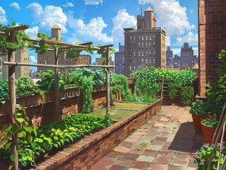 A cityscape with a brick wall and a garden on top of it. The garden is full of plants and flowers, and there is a potted plant on the ground. The sky is blue and cloudy