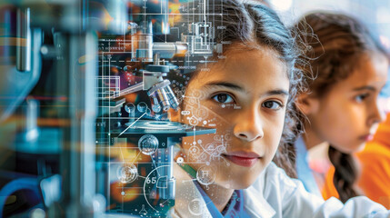 STEM education background of a young student attending a science lesson in a lab