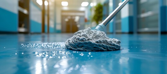 Cleaning school hallway floor with mop and bucket for safe, hygienic environment.