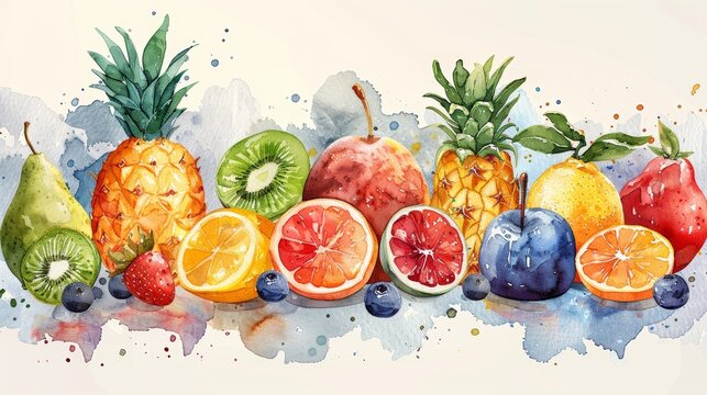 Seamless pattern with exotic fruits, watercolor, modern illustration.