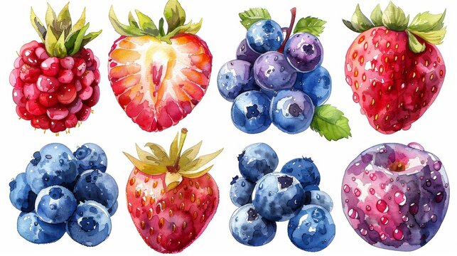 The modern illustration shows watercolor fruits, healthy food, and diet products.