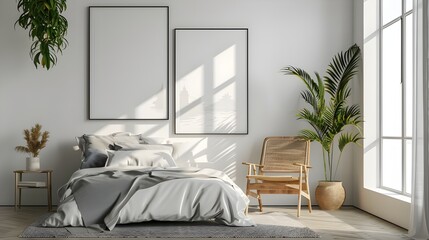 Poster mockup with two vertical frames on empty white wall in bedroom interior with bed, green plaid and plants. 3D rendering ai generated 
