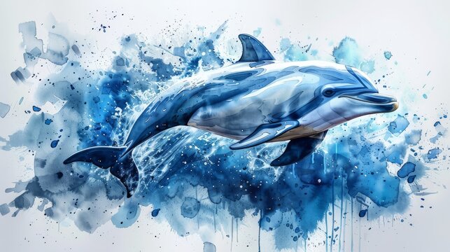 Watercolor illustration of a funny dolphin. Marine nature. Sea animal. Wildlife.