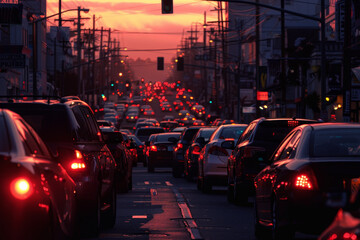 A busy street with many cars and a sunset in the background