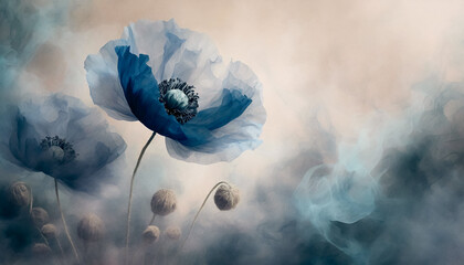 Tapeta w niebieskie kwiaty, granatowy wzór kwiatowy, puste miejsce na tekst, kartka na życzenia - obrazy, fototapety, plakaty