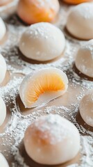 Fototapeta na wymiar Close-Up photo of mochi dessert with peach. Traditional Japanese sweet rice cakes with sweet fillings.