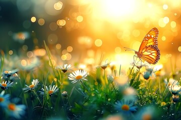 Vibrant Butterfly on Daisy Field at Golden Hour - 768225851