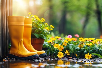 Yellow Rain Boots and Spring Flowers After Rain - 768226055
